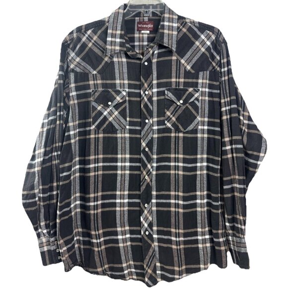 Wrangler Western 2XL Tall Flannel Pearl Snap Plaid Shirt Blk/Brn Cowboy EUC - Picture 1 of 7